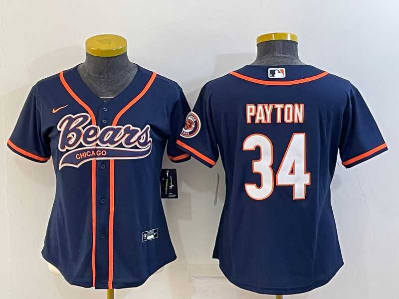 Womens Chicago Bears #34 Walter Payton Navy With Patch Cool Base Stitched Baseball Jersey